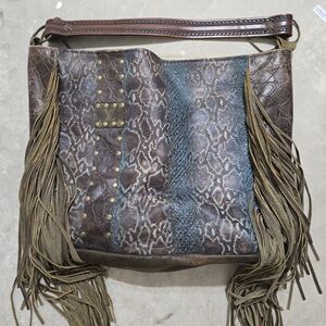 Luxurious Brown and Blue LV Snakeskin Shoulder Bag with Fringe